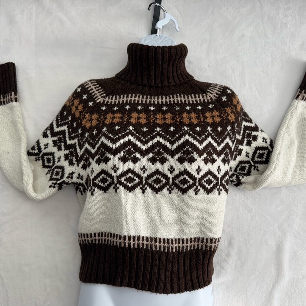 American Eagle Fair Isle Turtleneck Sweater Women M Brown Cream Nordic Cozy Knit